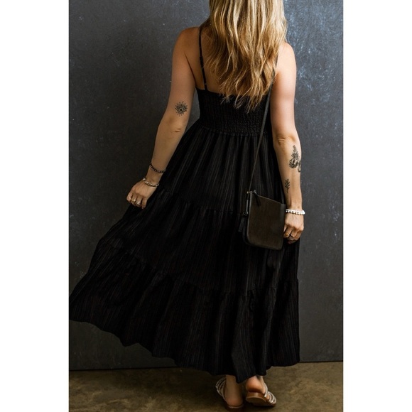 Black Smocked Pleated Tiered Maxi Dress - Picture 2 of 2